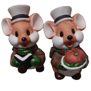 Applause 1988 Christmas Mouse Figurines In Top Hats Holding Book & Pie  Set of 2